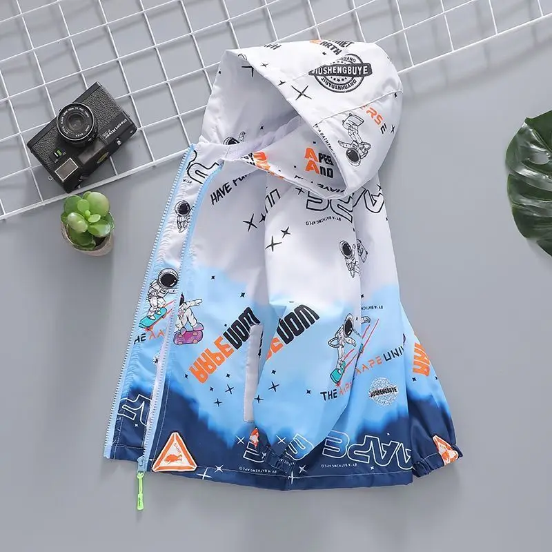 

2023 Spring Autumn Boys Coats Printed Cartoon Astronaut Hooded Zipper Jackets For Kids 2-10 Years Children Windbreaker Outerwear