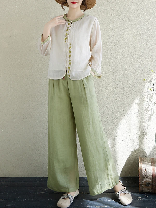 Faionable – ensemble en lin brodé rond Ne Seven Sve, pantalon à jambes larges, costume deux pièces pour femmes, tenue d'été de marque chinoise