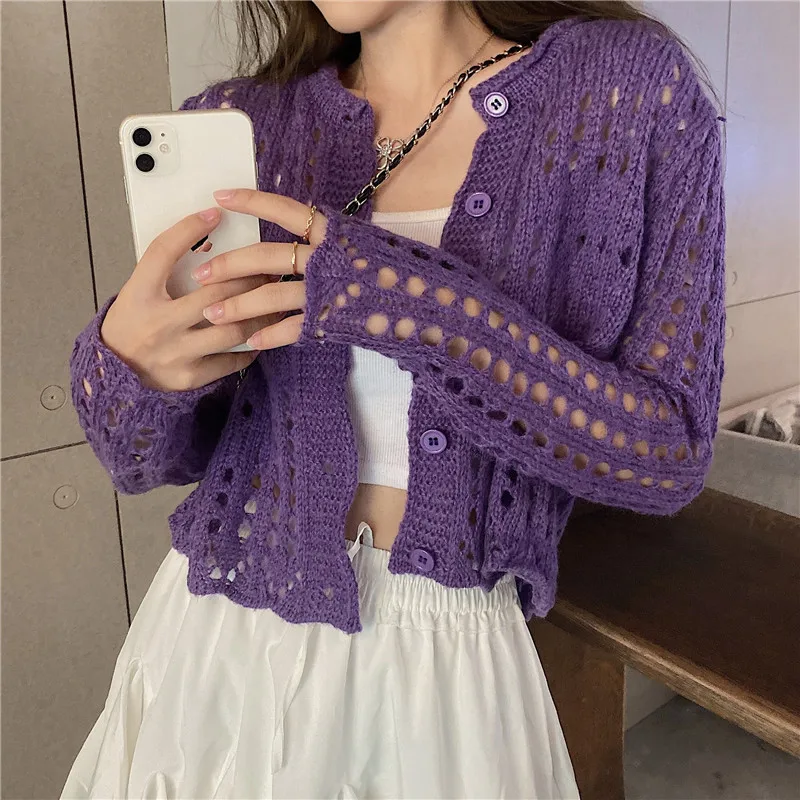 

Sweet Thin Knitted Sweater Cardigan Ladies Solid Color Hollow O-Neck Sweaters Women Spring Fall Casual Streetwear Knitwear Tops