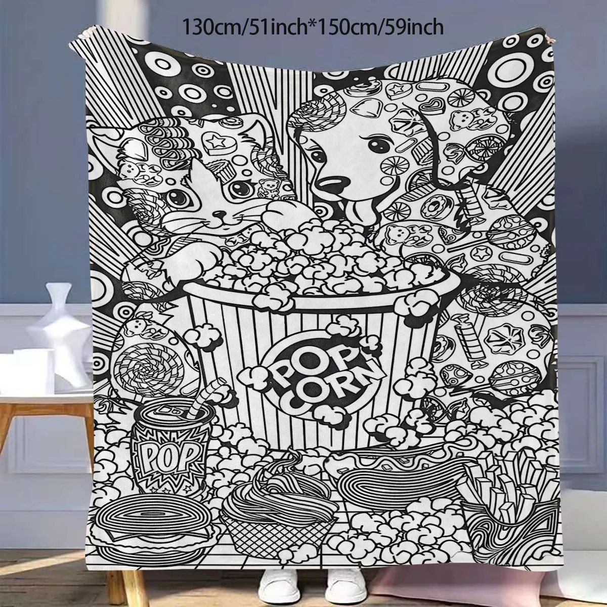 Black And White Graffiti Style Cat And Dog Pattern Fleece Blanket, Cute Pet And Popcorn Theme Coloring Blanket, Soft And Skin-Fr