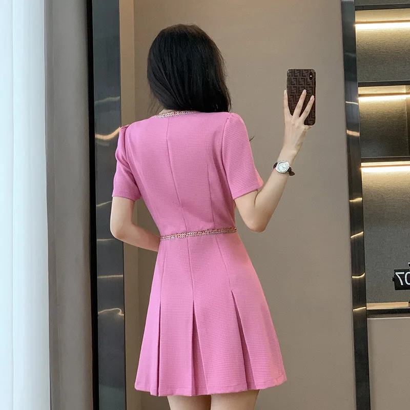 Summer New Women\'s Fashionable Short Sleeved Slim Fragrant Pink Pleated Dress