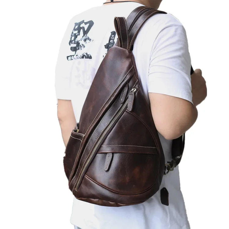 Leather Backpack Crazy Horse Leather Chest Crossbody Tote Vintage Head Layer Cowhide Men's Shoulder Bag