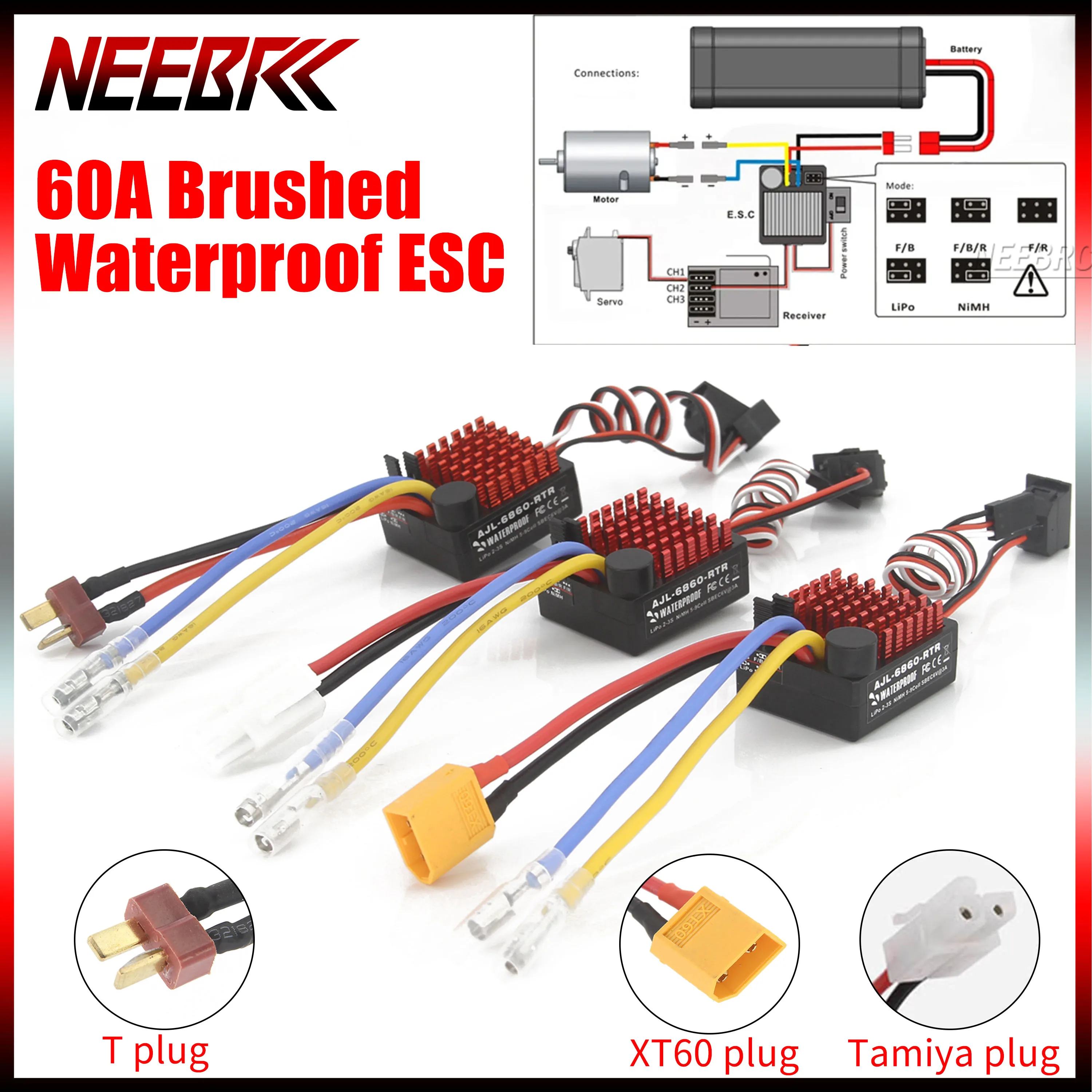 

NEEBRC 60A Водонепроницаемый ESC с щеточным двигателем, встроенные 3 режима, T/XT60/Tamiya 6V/3A BEC 2-3S для радиоуправляемых машин, краулеров, лодок, танков, двигателей 540/550/750