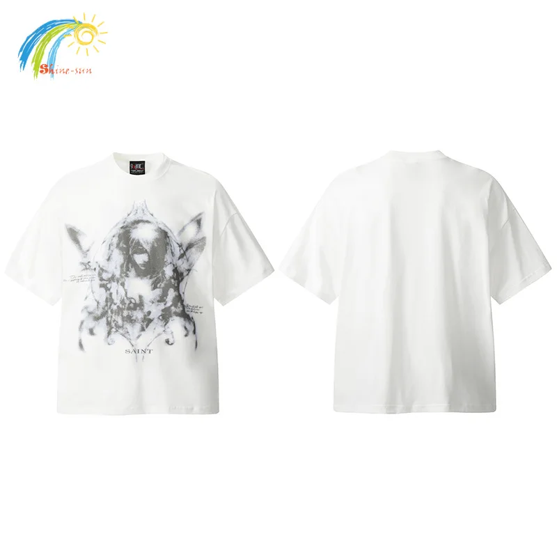 

Men Women Vintage Retro Anime Print Saint T-Shirt High Street Oversized White T Shirt Short Sleeves Tee Top Inside Tag