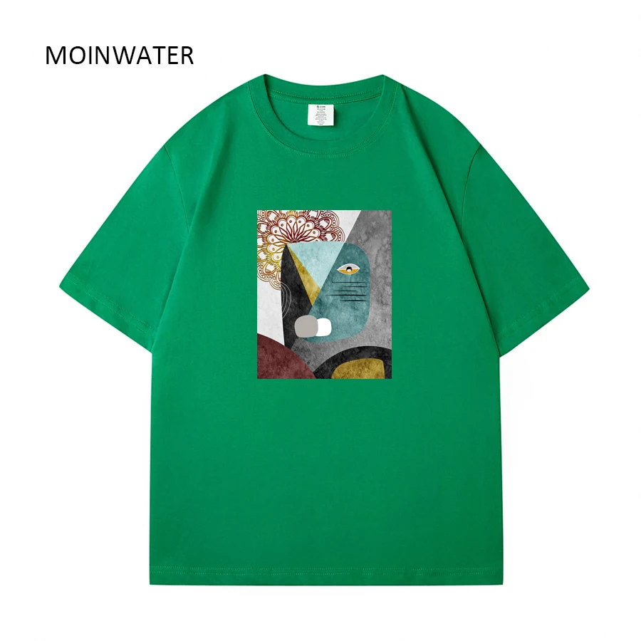 MOINWATER Women New 2023 Dark Grey T shirts Female Cool Abstract Printed 100% Cotton Short Sleeve Tees Tops for Summer MT2318