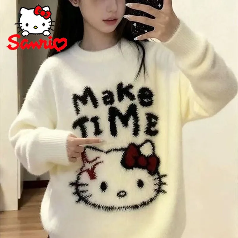 

Sanrio Hello Kitty Woman Sweaters Autumn Winter Girls Fashion Casual Warm Knitted Sweater Cartoon Embroidery Soft Loose Cute Top