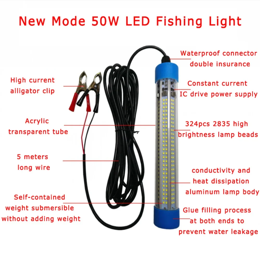 Imagem -02 - Pesca Subaquática Led Light Fish Attracting Lamp Fish Floodlight Impermeável Cabo de 5m 50w Branco Verde Azul