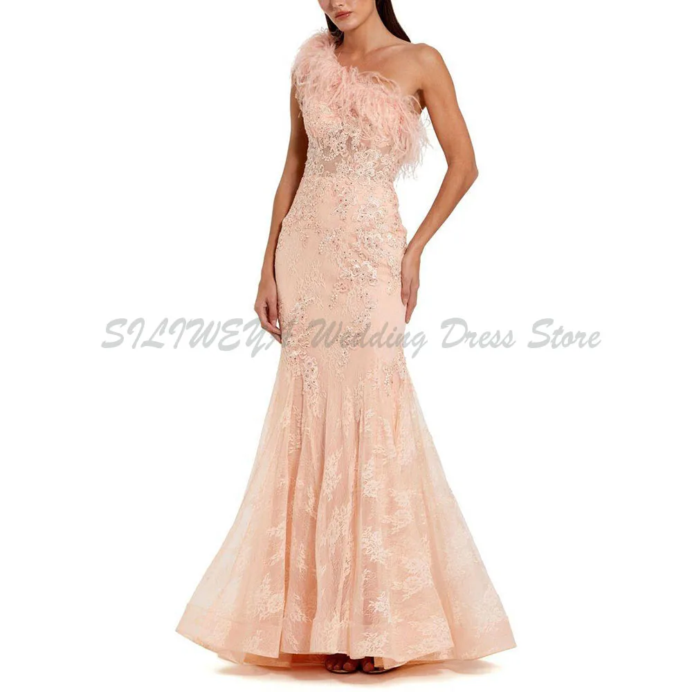 

Champange Evening Dresses Women One Shoulder Mermaid Sleeveless Feather Floor Length High Quality Sweep Train Alliques Gowns
