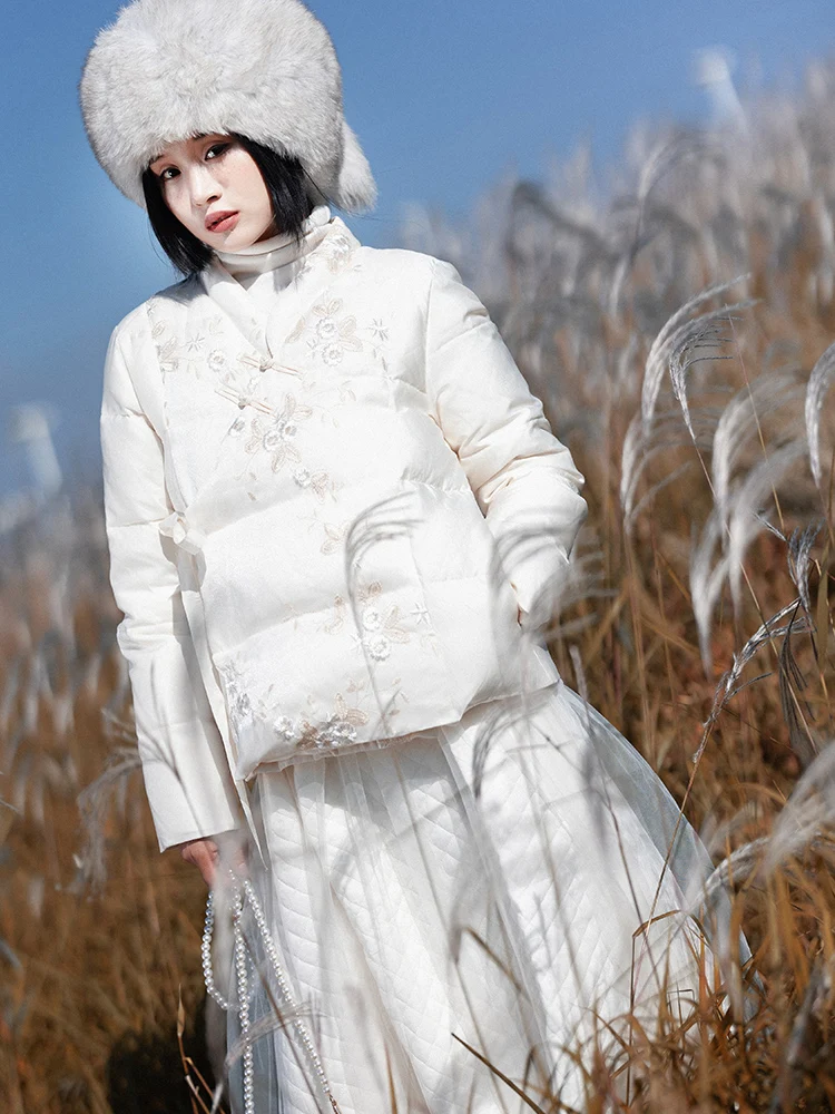 

Женская пуховая куртка с вышитым воротником-стойкой в стиле ретро, теплая верхняя одежда Donglan, груша, цветок, сахар, одиннадцать