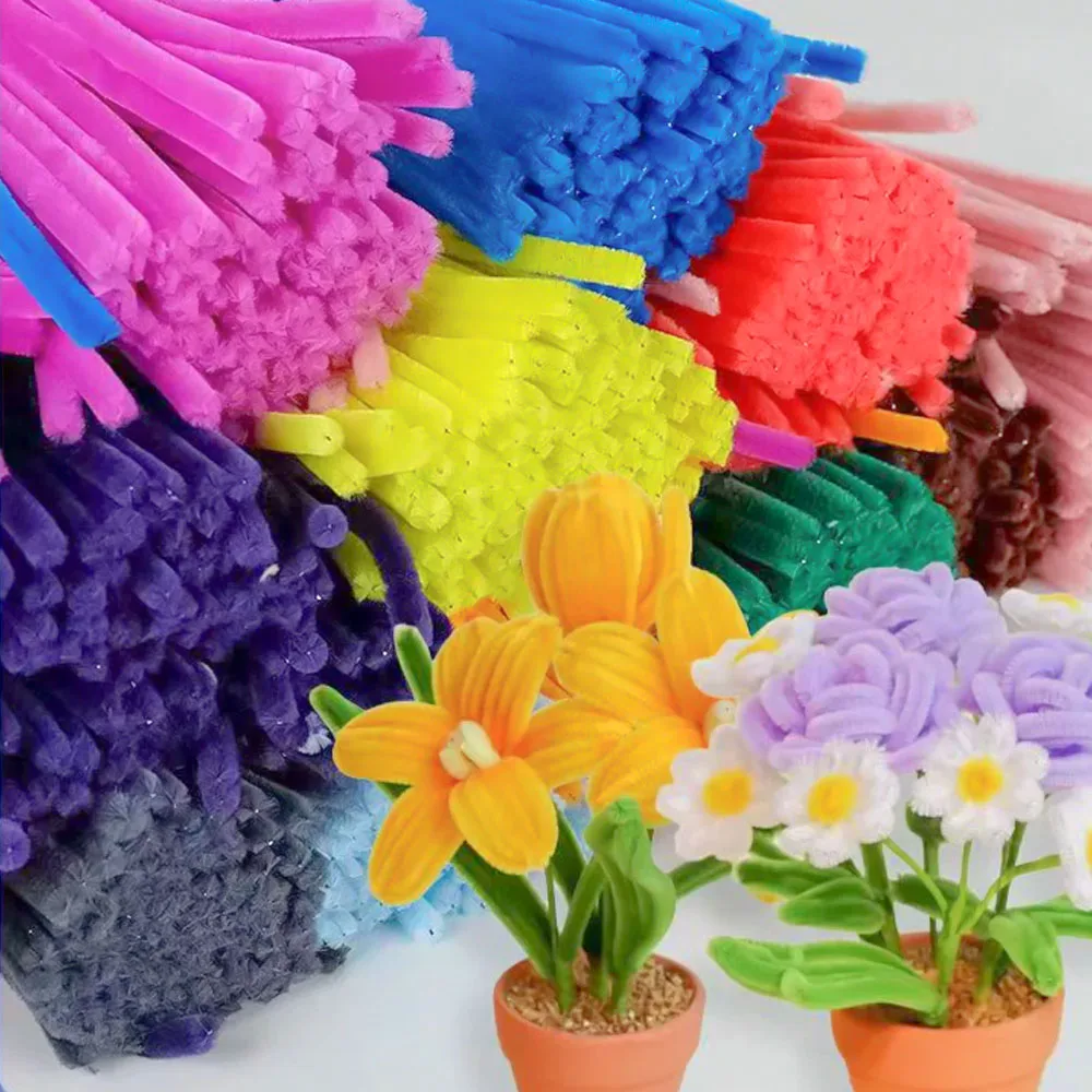 100Pcs/Set Colorful Chenille Stems Pipes Cleaner Flexible Bendable Wire DIY Crafts Tulip Bouquet Making Flower Kit Artcraft Tool