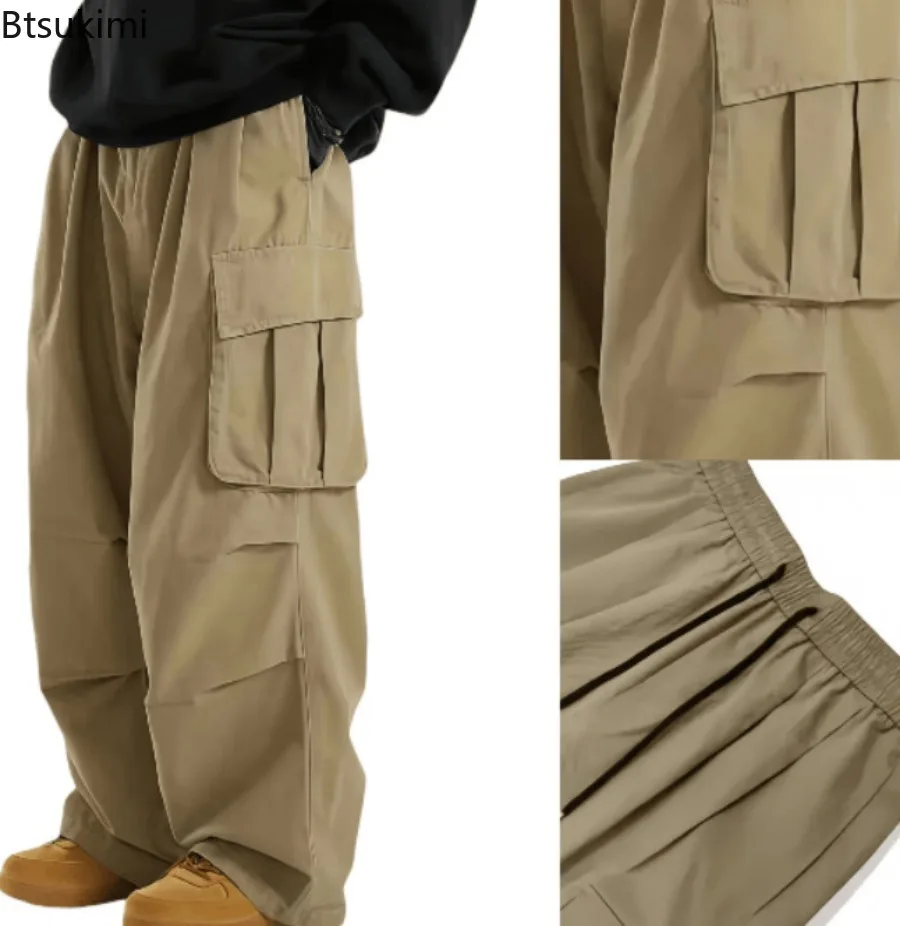

New Spring Autumn Men's Multi Pocket Loose Cargo Pants Outdoor Casual Work Pants High Street Retro Versatile Wide Leg Pants Male