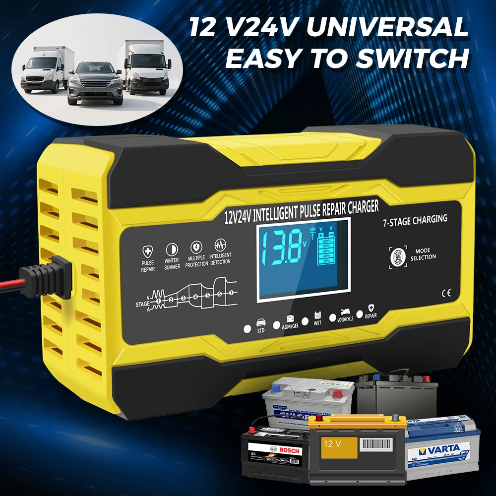 Full Automatic Car Battery Charger Auto Moto Lead Intelligent Wet Dry Lead Acid Battery 12V/ 24V Digital Display Battery Charger