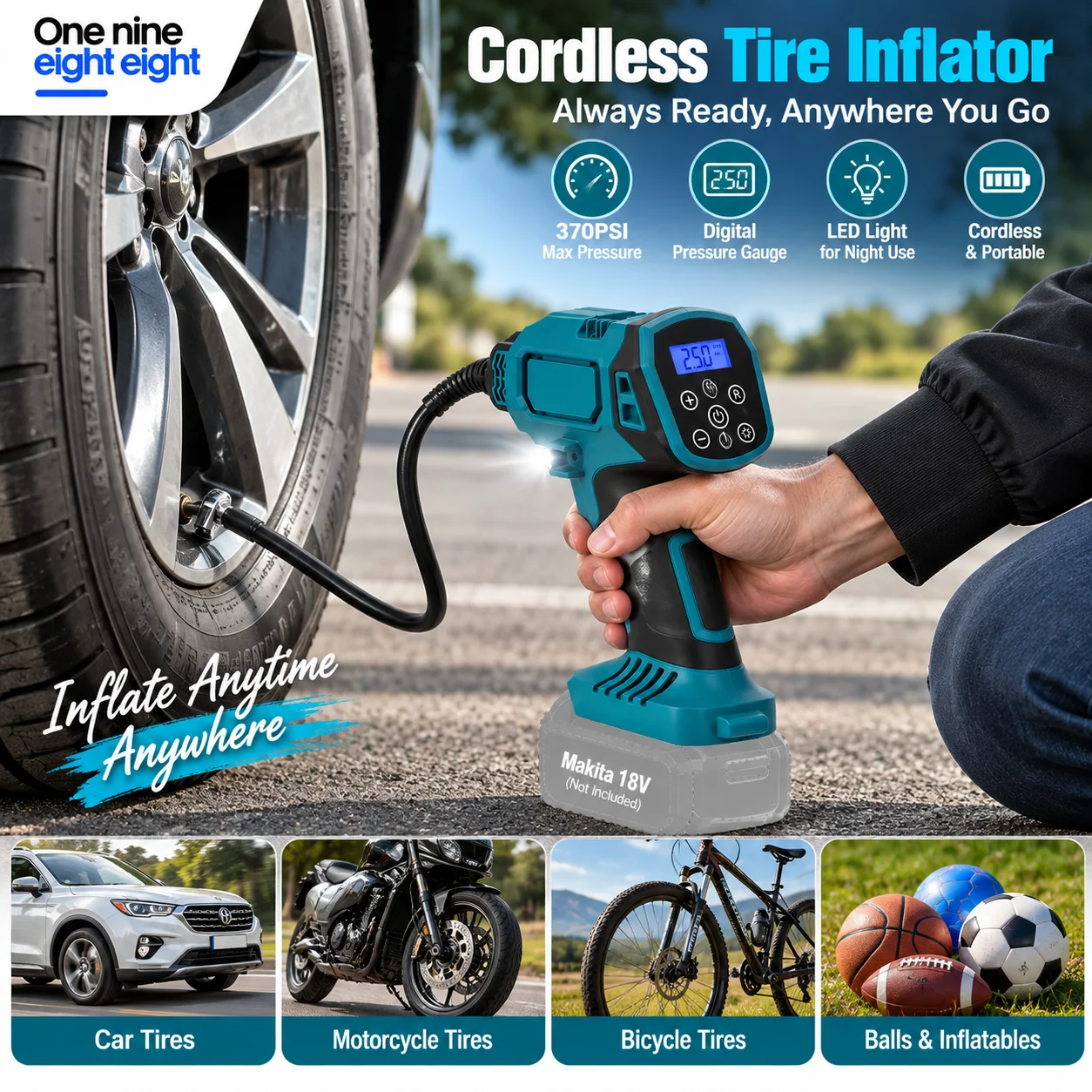 21V Cordless Tire Inflator 370PSI Portable Electric Air Compressor Digital Pressure Gauge LED Light Compatible with Makita 18V B
