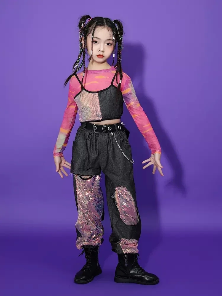 2025 Ropa de baile de Jazz para niñas, Tops de lentejuelas rosas, pantalones, disfraz de actuación de Hip Hop para niños, ropa de escenario para Festival de conciertos