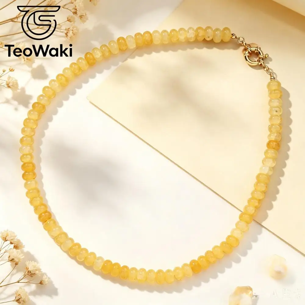 TeoWaki Natural Stone Dainty Yellow Jade Crackle Crystal Flat Beads Necklace Steering Wheel Soft Tone Collarbone Accessory 40cm