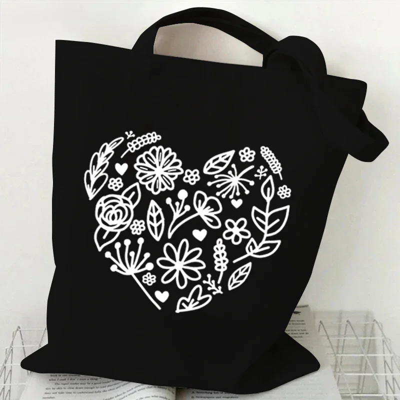 Books and Flower Canvas Tote Bag for Women Vintage Skull Wildflower Skeleton Handbag Fashion Shopper Bags Female Shoulder Bag