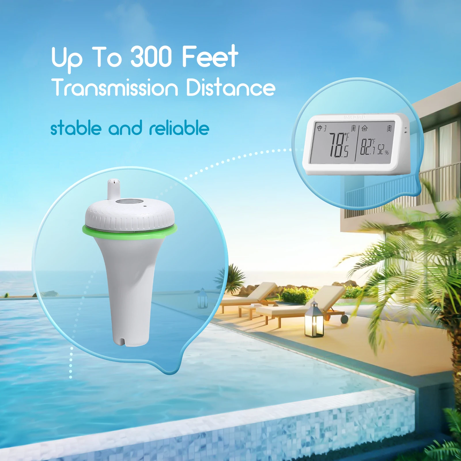 INKBIRD Wireless Pool Thermometer with Outdoor Receiver Up To 300Ft Transmission Floating Thermometer for Swimming Pool Hot Tub