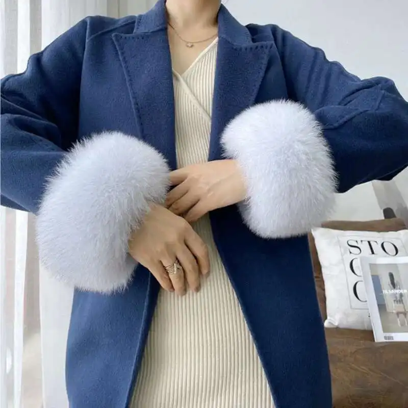 Puños de piel de zorro Natural para mujer, puños de muñeca peludos, abrigo, pulsera, guantes cálidos desmontables, mangas de piel esponjosas sólidas para mujer