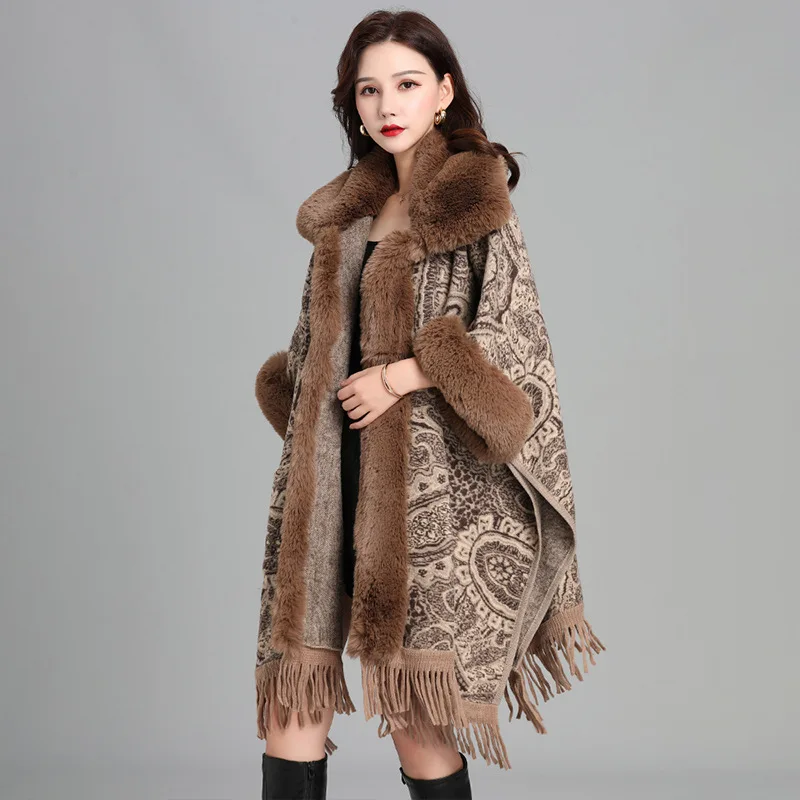 

Fashion Women Coat Winter Soft Plush Faux Fur Shawl Oversize Women Retro Printing Capes & Ponchos Female Warm Tassel Cloak WF293
