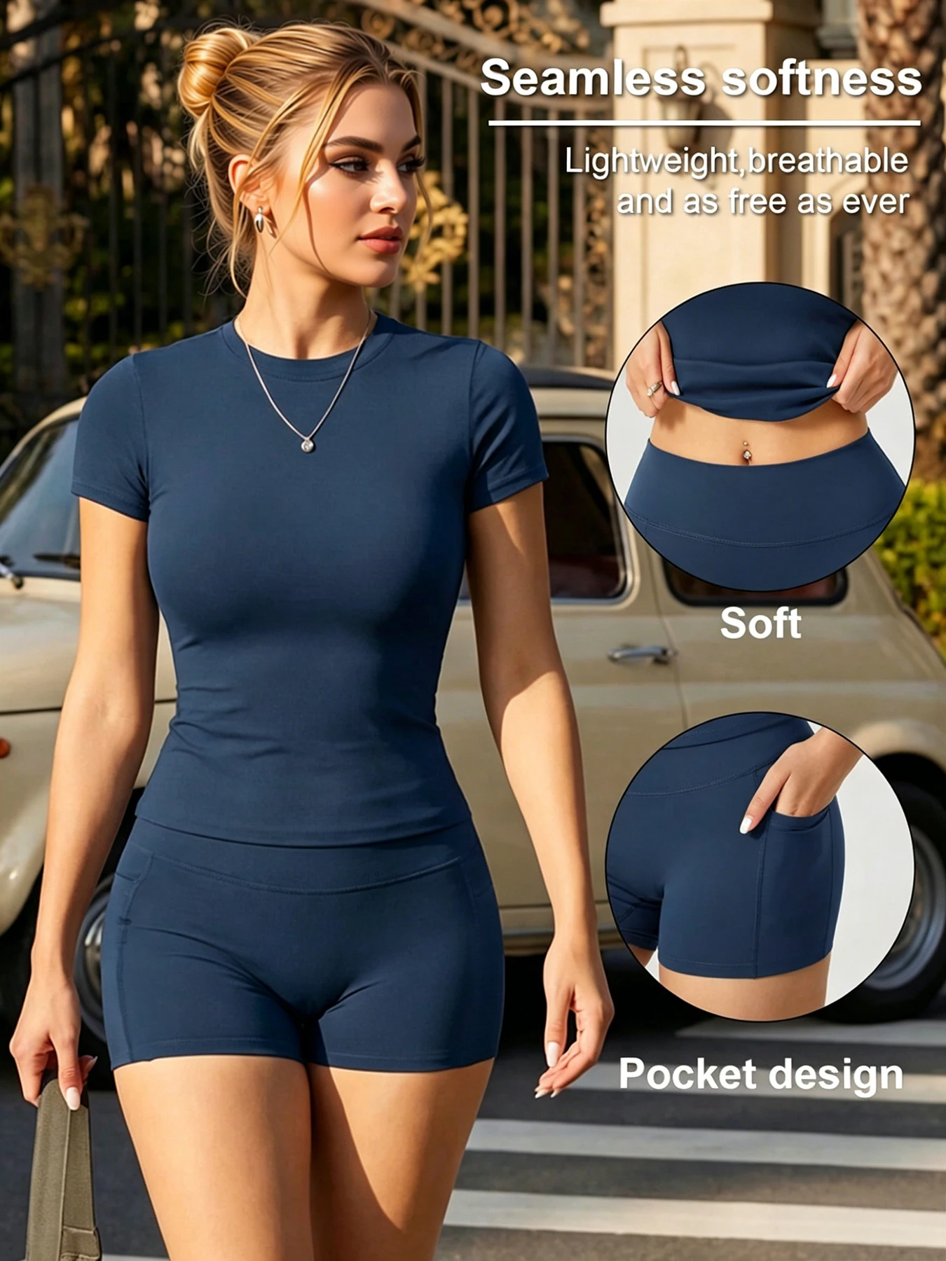 Lässiges Damen 2-teiliges Set: Nahtloses Kurzarm-T-Shirt und Biker-Shorts, Weiche Atmungsaktive Loungewear, Trainingsanzug mit Taschen – Detail 1