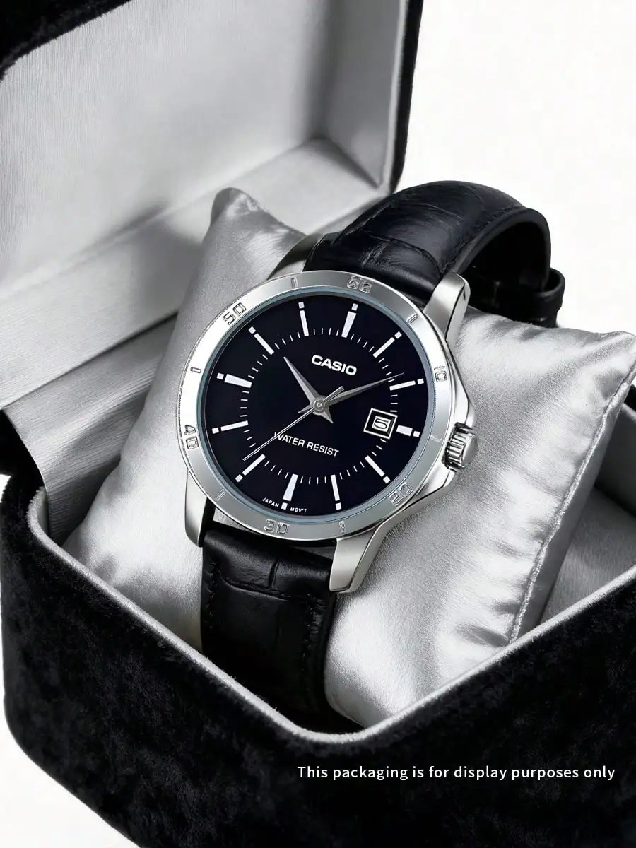 

Классические повседневные мужские кварцевые часы CASIO с черным циферблатом, серебряным корпусом, ремешком из натуральной кожи, водонепроницаемые, в подарок другу, отцу на день рождения