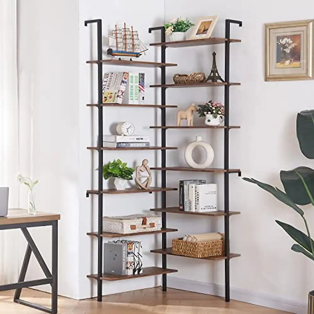 12-Tier L Shaped Corner Bookshelf Wall Mount Bookcase Industrial Style Metal Frame Wood Display Shelf Organizer Office Living