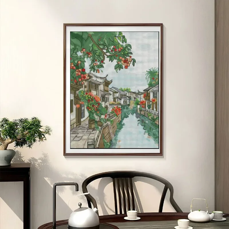 [[CC904-Water Town Jiangnan] Kit de broderie au point de croix pré-imprimé pour débutants, toile imprimée 11CT 14CT 16CT, kit complet de broderie pour