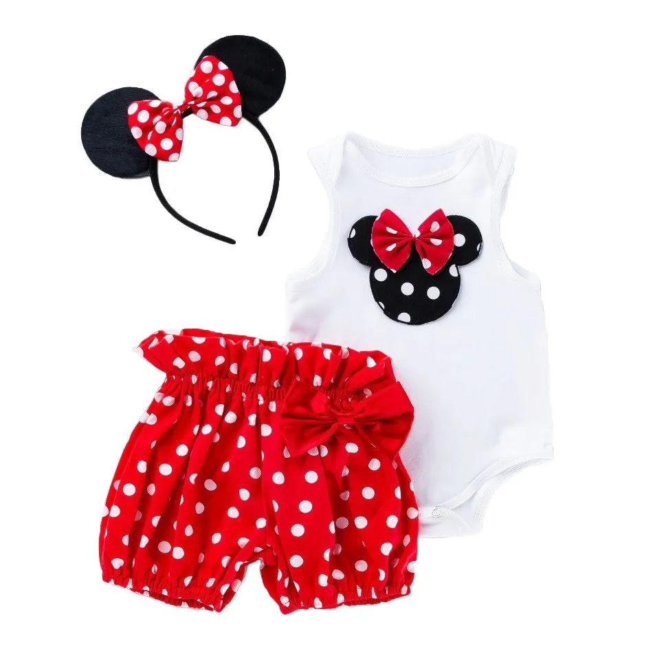 Newborn 0-2 Years Baby Girls Mickey Minnie Birthday Party Clothes Set Children Summer Romper Shorts Ear Headband 3 Pcs Outfits