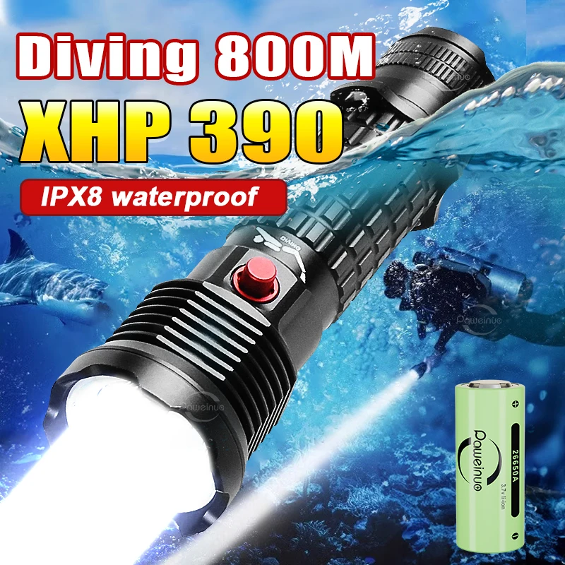 XHP390 Underwater Lantern IPX8 Professional Diving Flashlight White Light Diving 800m Underwater Portable Searchlight Scuba Lamp