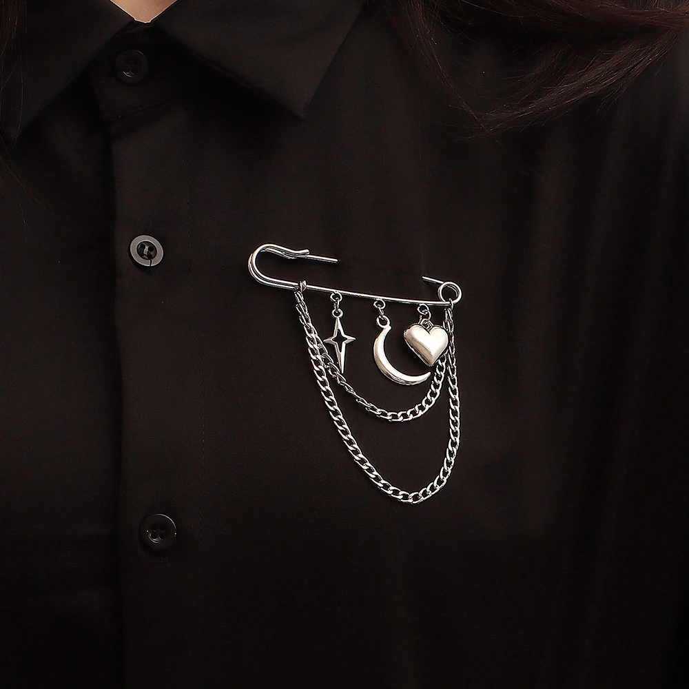 Bonito seguro-pin forma broche pinos amor coração crescente cruz estrela encantos camadas correntes pingente terno corsage acessório adereços presente