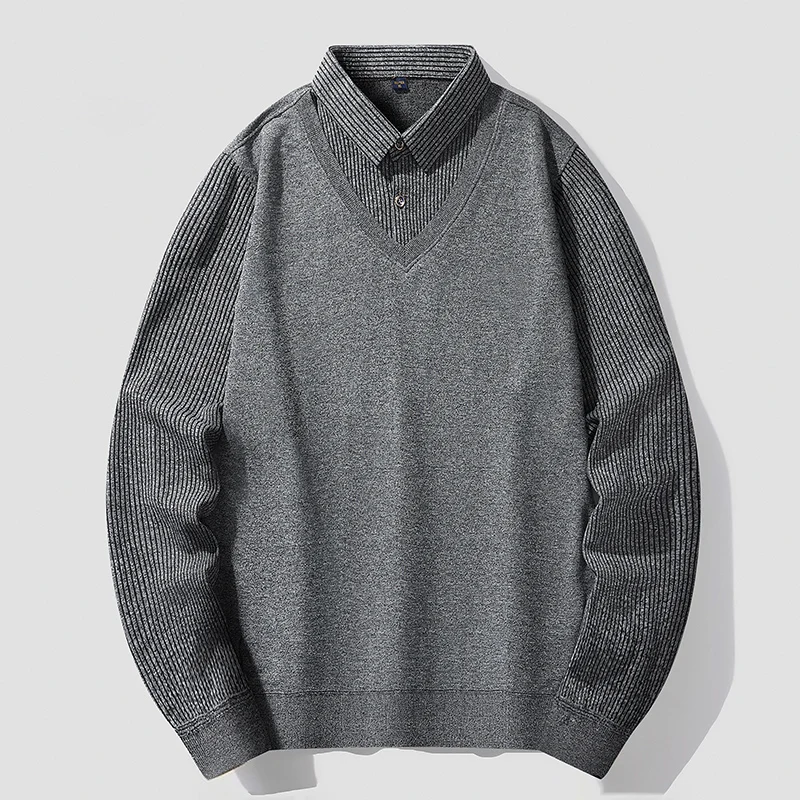 Autumn Winter Patchwork Pullover Men Middle-Aged Young Sweaters Men Polo Collar Fake Two Knitwear Bottomed Shirt Men Sweater