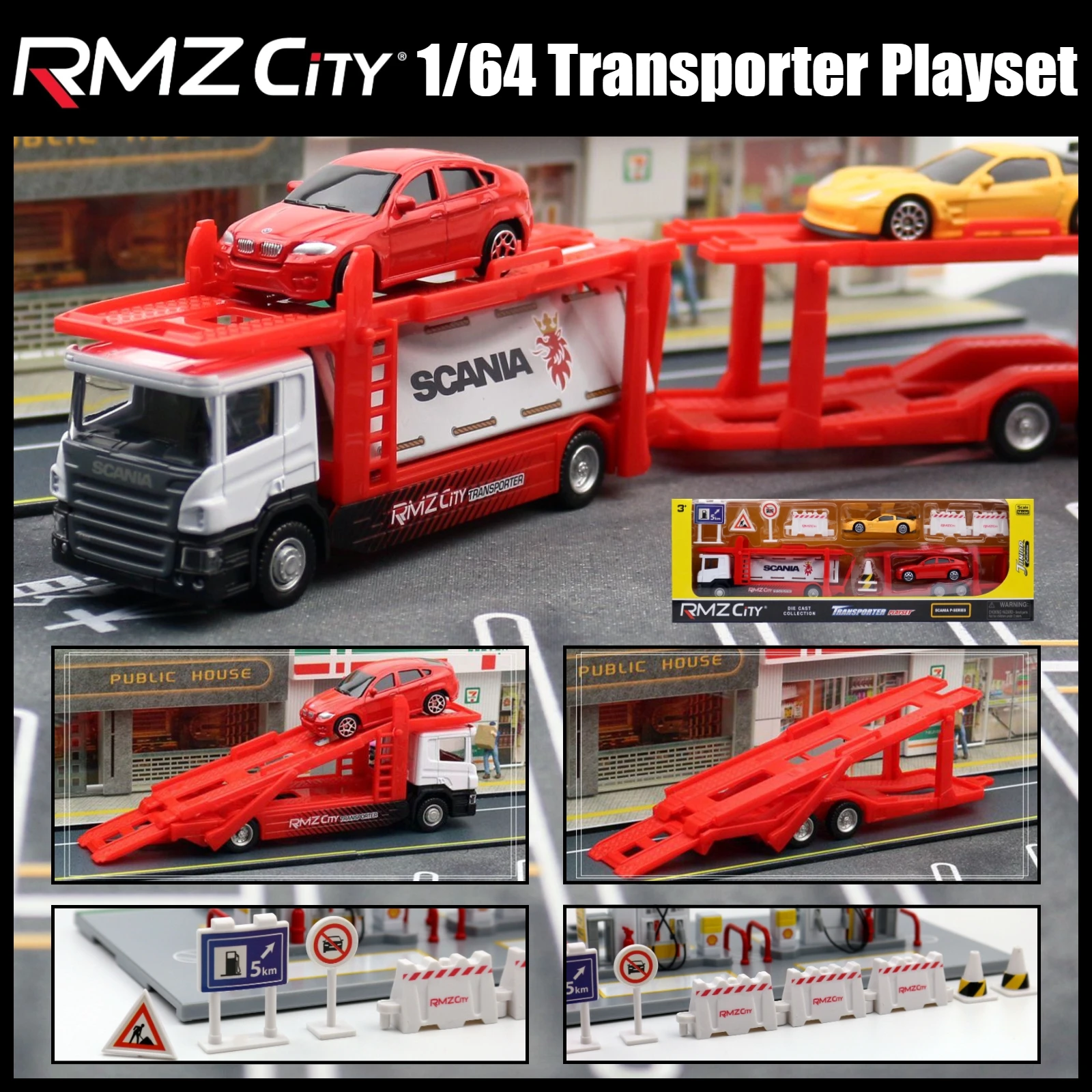 1/64 Car Play Set Toy For Children RMZ City 1:64 Scania Transporter Truck Low Trailer Miniature Model with Traffic Signs Boys