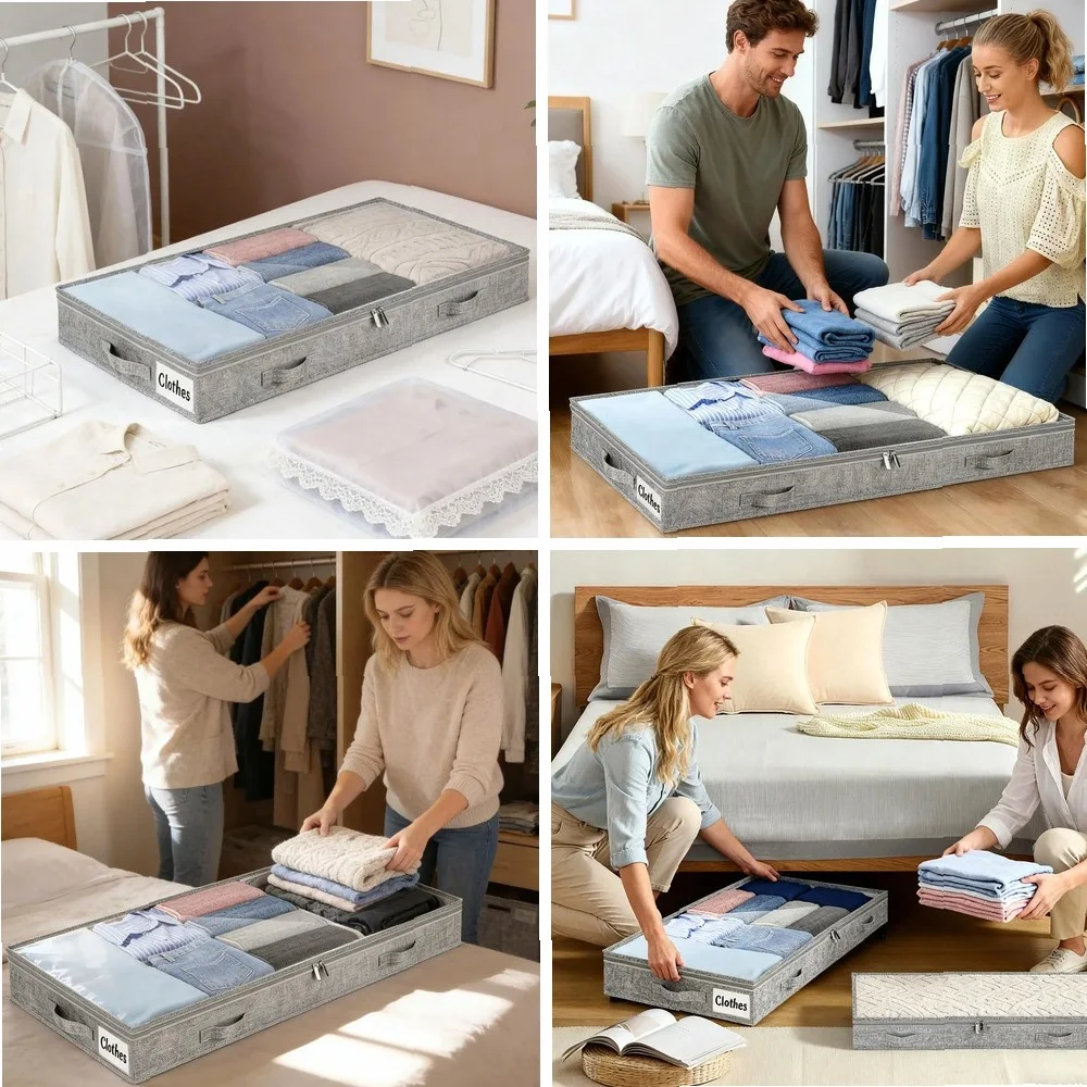 

Rolling Underbed Storage Bins with Clear Lid, Large Capacity for Seasonal Clothes Blankets, Bedroom Dorm Organizer