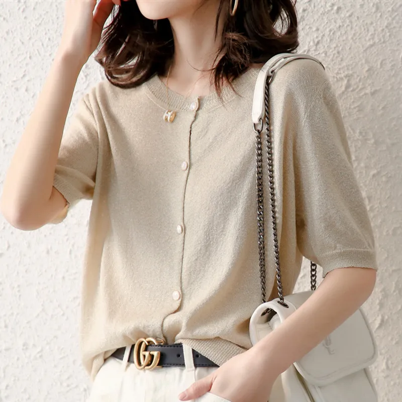 Ice Linen Gold Silk Cardigan Short Sleeved Luxurious Women\'s Spring/Summer Solid Color Round Neck Jade Button Knitted Top