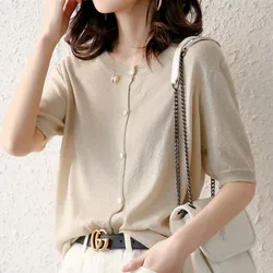 Ice Linen Gold Silk Cardigan Short Sleeved Luxurious Women's Spring/Summer Solid Color Round Neck Jade Button Knitted Top