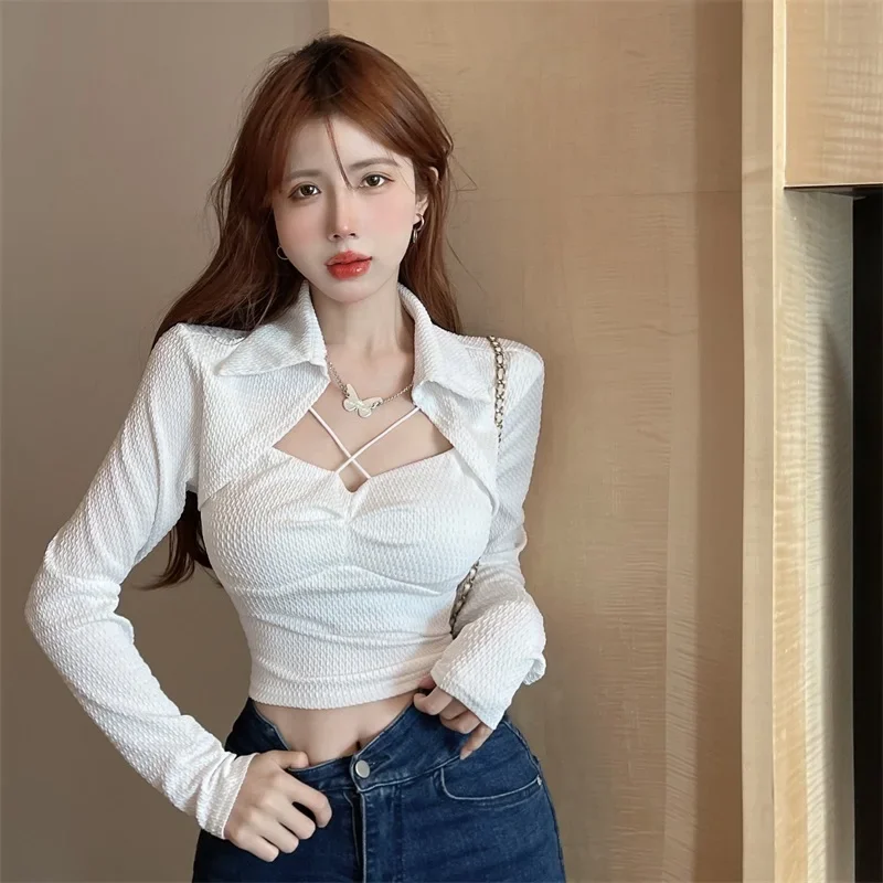 

T-shirts Women Slim Cross Elegant Korean Turn Down Collar All-match Tops 2025 Sexy Feminine Chic Solid Pleated Blouses