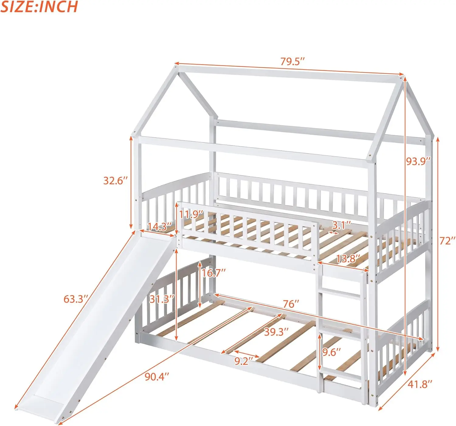 Harper & Bright Designs Kids House Bunk Beds With Slide, Wooden Twin Over Twin Bunk Bed Frame With Ladder, Guardrails, Bunk