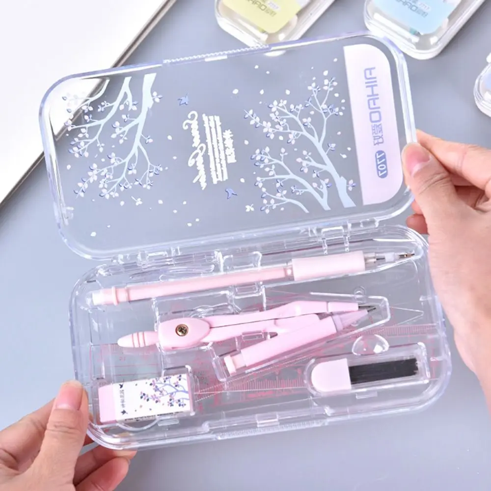 8pcs/set Durable Small Fresh Compasses Set Multifunction Rubber Automatic Pencil Protractor Ruler Kit