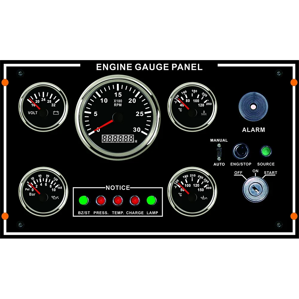 Waterproof 5 Gauge Set Panel with 3/4KRPM Tachometer Oil Temp. Water Temp. Oil Pressure Voltmeter Hourmeter 350*200mm 12V or 24V