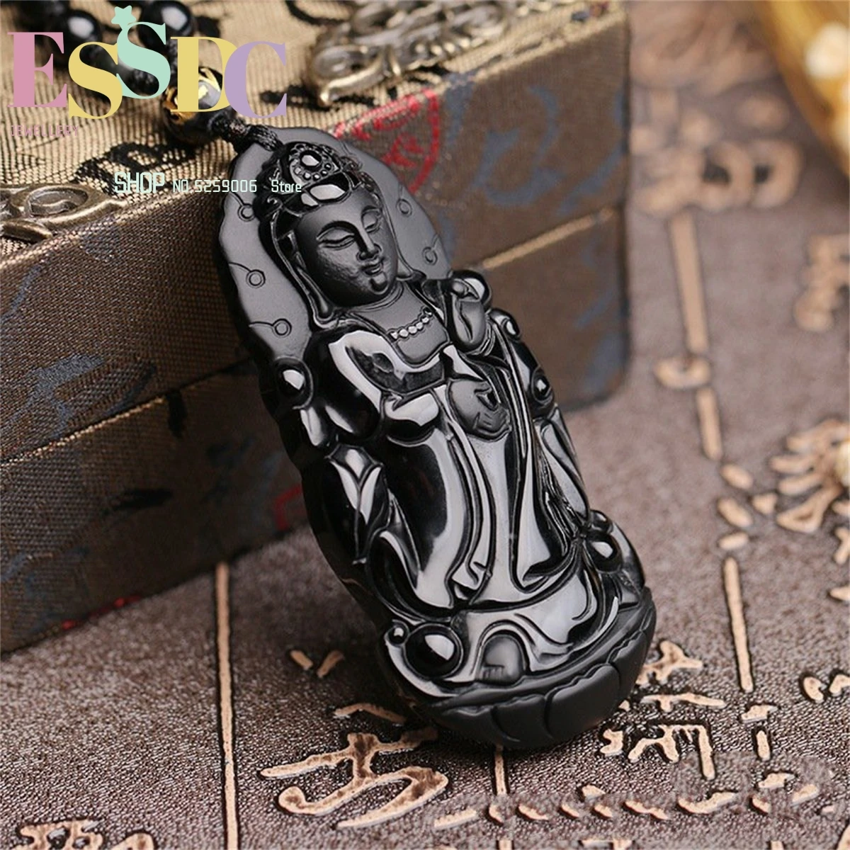 Natural Obsidian Guanyin Pendant Jade Men And Women Lovers Large Necklace Retro Wholesale Hand Carving Amulet Gift  Jewellery