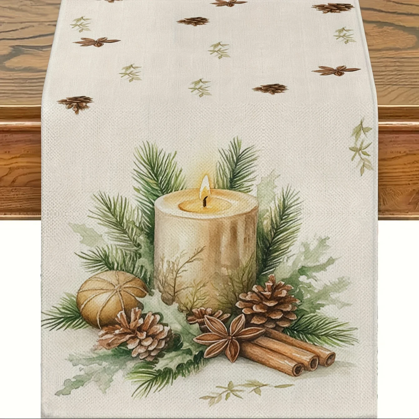 1 Piece of Christmas Warm Candlestick Table Runner, Light Base Painted with Candles, Pine Branches, Pine Cones, Spice Patterns, Suitable for Christmas Dinners, Family Gatherings, Holiday Tea Parties, Themed Cafes, B&B Decorations, Christmas Markets, Warm Homes, Holiday Gifts