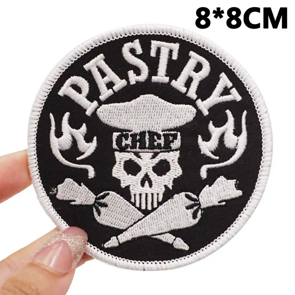 Pastelaria Chef Crânio Logotipo Patches Bordados, Etiqueta de Costura Applique, Punk, Motociclista, Banda, Rock, Roupas, Emblemas com Gancho Backing