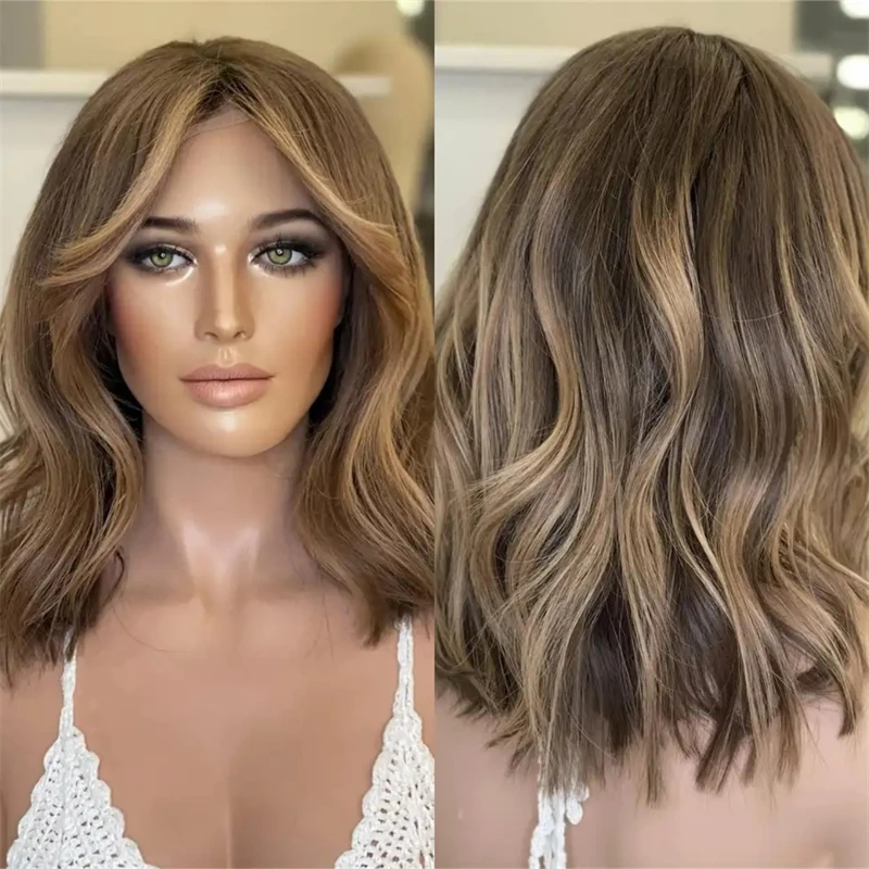 

Ombre Brown with Blonde Streaks Highlights Synthetic HD Lace Front Wig for White Black Women Realistic Look Soft Short Wave Bob