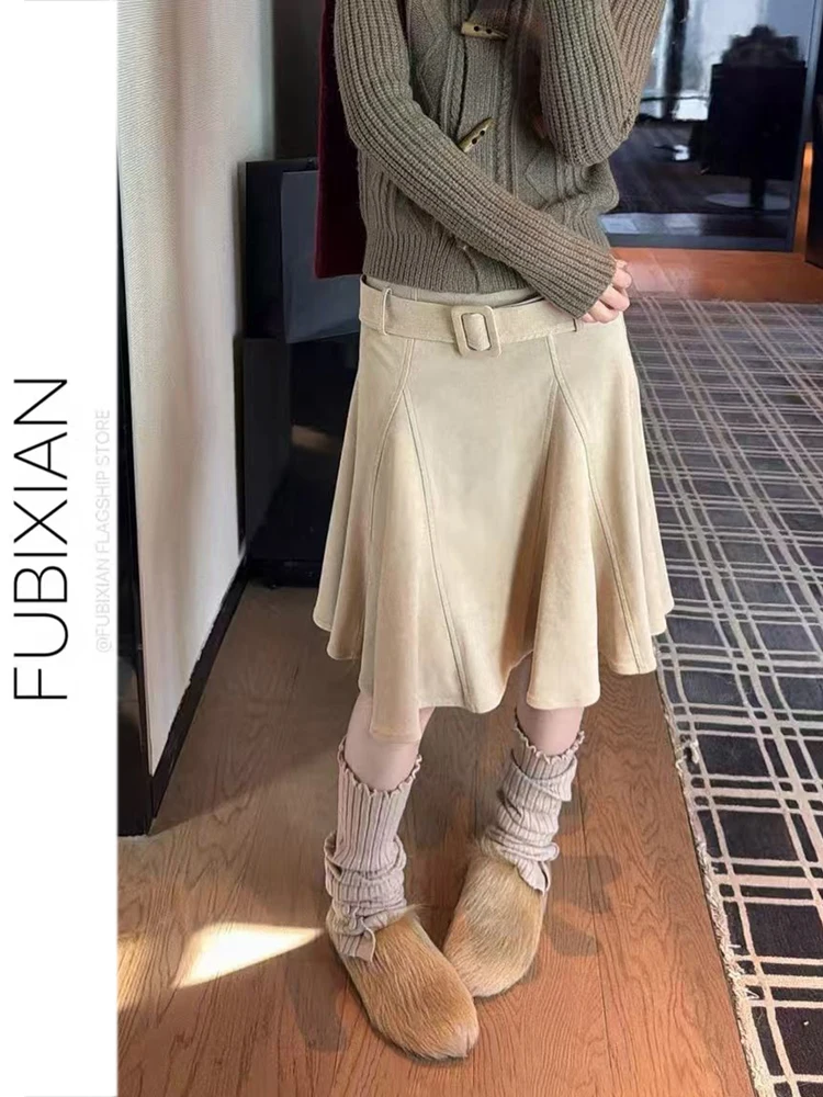 

Retro Low Waist A-Line Skirt Women's Winter New 3D Tailoring Flared Loose Slimming Umbrella Skirt Suede mid Skirt