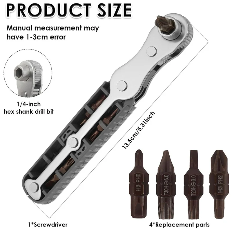 5Pcs Mini Ratchet Wrench Set Bidirectional Ratchet Screwdriver Torque Offset Reversible Screwdriver with 1/4 Hex Shank Drill Bit