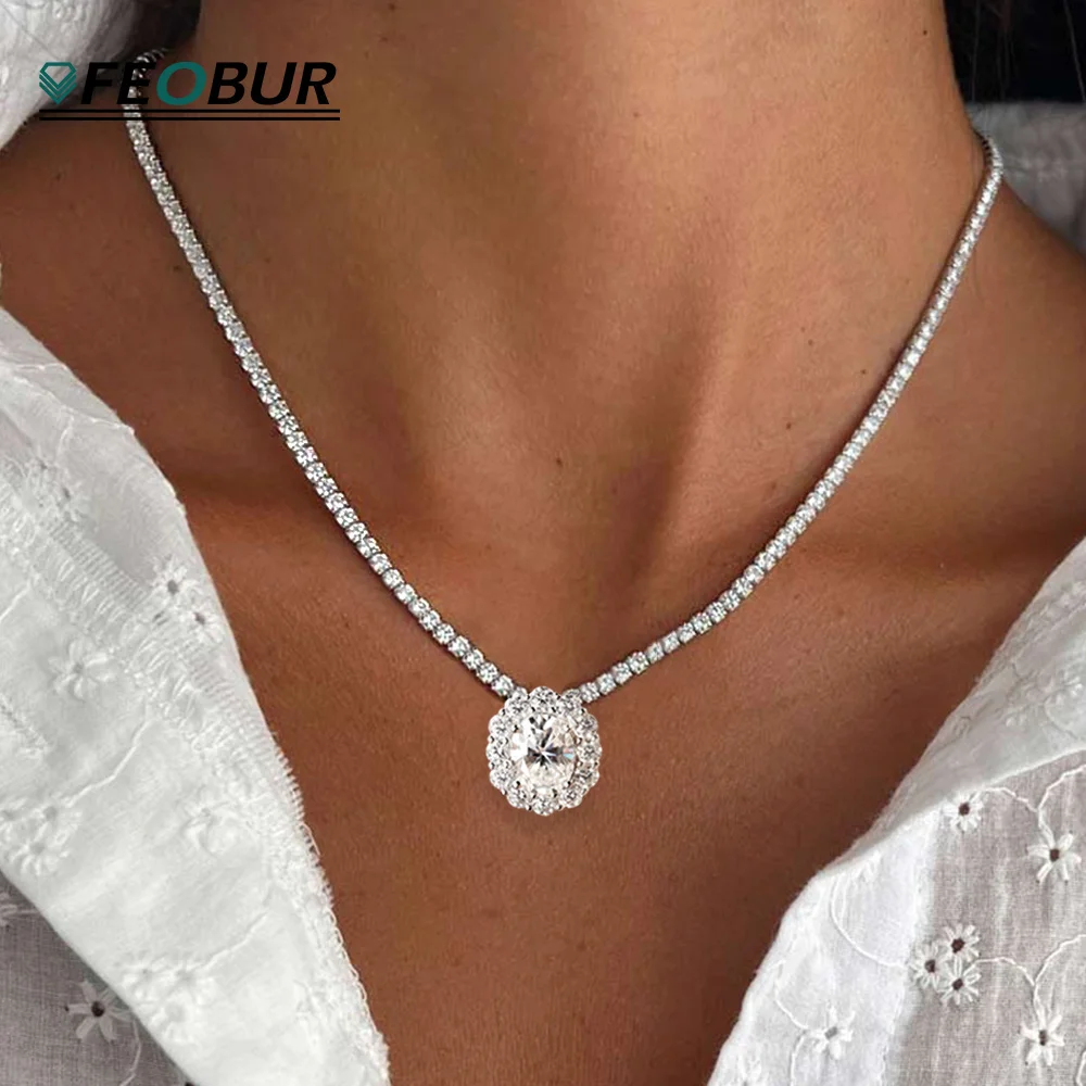 

2mm Moissanite Tennis Necklace with 2CT Oval Halo Pendant 925 Silver Adjustable Full Diamond Choker Chain for Women Fine Jewelry