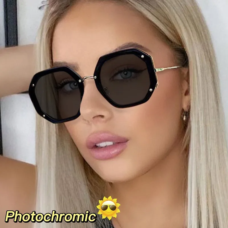 2023 New Brand Design Fashion Large Polygon Women Glasses Frame Photochromic Anti Blue Light Computer Reading Hyperopia Eyeglass