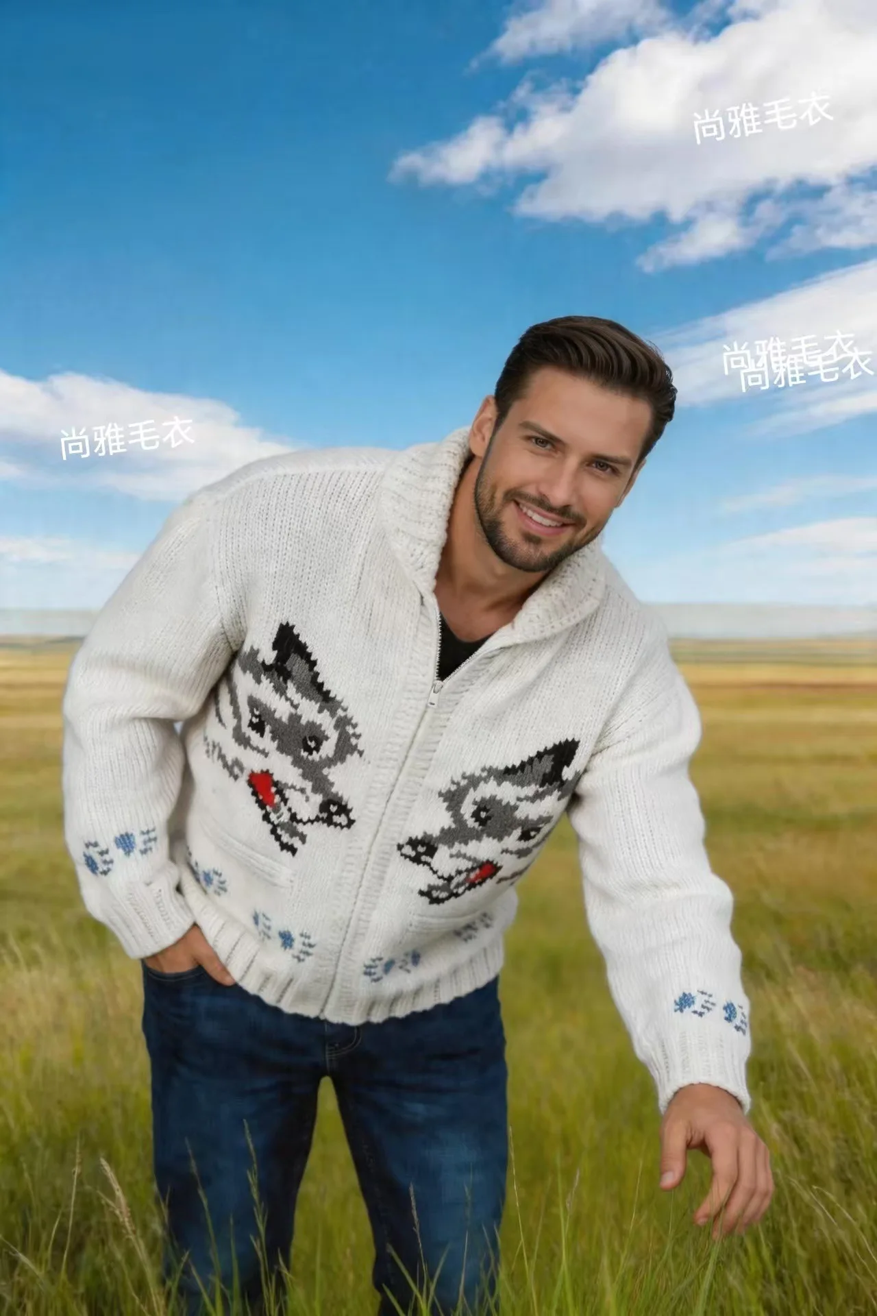 Men's Fox Plaid Knitted Sweater Blazer for Spring 2026 - Thick Knit with Zipper Closure Loose and Comfortable Style