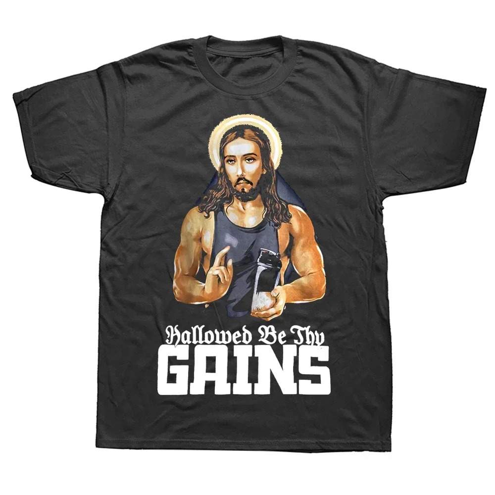 Streetwear Short Sleeve Birthday Gift T-shirt Men Hallowed Be Thy Gains Funny Muscle Jesus Weight Lifting Workout Humor T Shirts