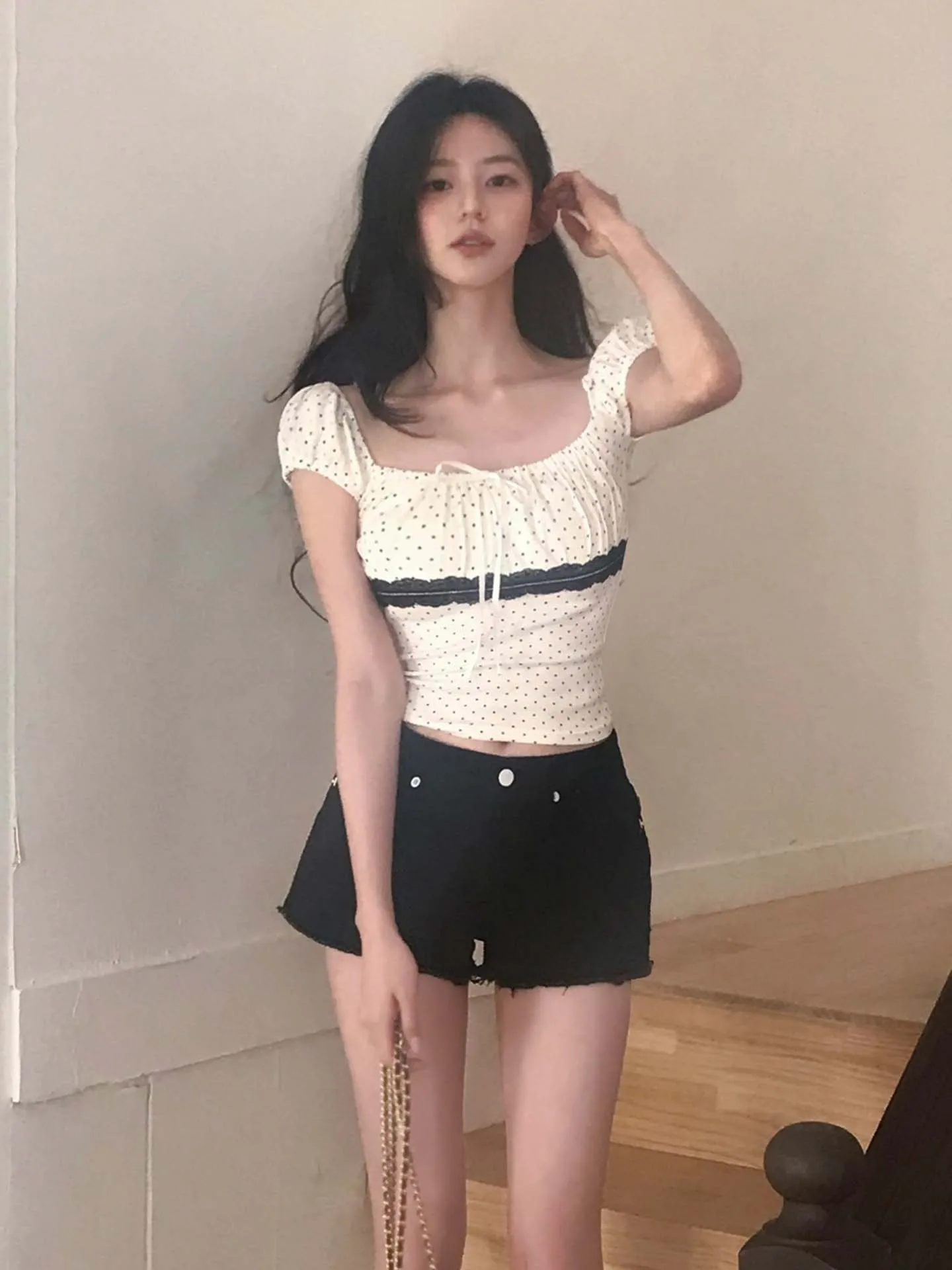 WEEKEEP Polka Dot Bubble Sve T-shirt Colletto quadrato Patchwork in pizzo ort Sve Slim Fit Summer Street Sle Top per donna